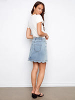 Charlie B Scalloped Hem Button-Front Denim Skort - Light Blue