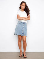 Charlie B Scalloped Hem Button-Front Denim Skort - Light Blue