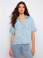 Charlie B Short Sleeve Button-Front Tencel Shirt - Light Blue