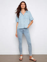 Charlie B Short Sleeve Button-Front Tencel Shirt - Light Blue