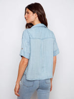Charlie B Short Sleeve Button-Front Tencel Shirt - Light Blue
