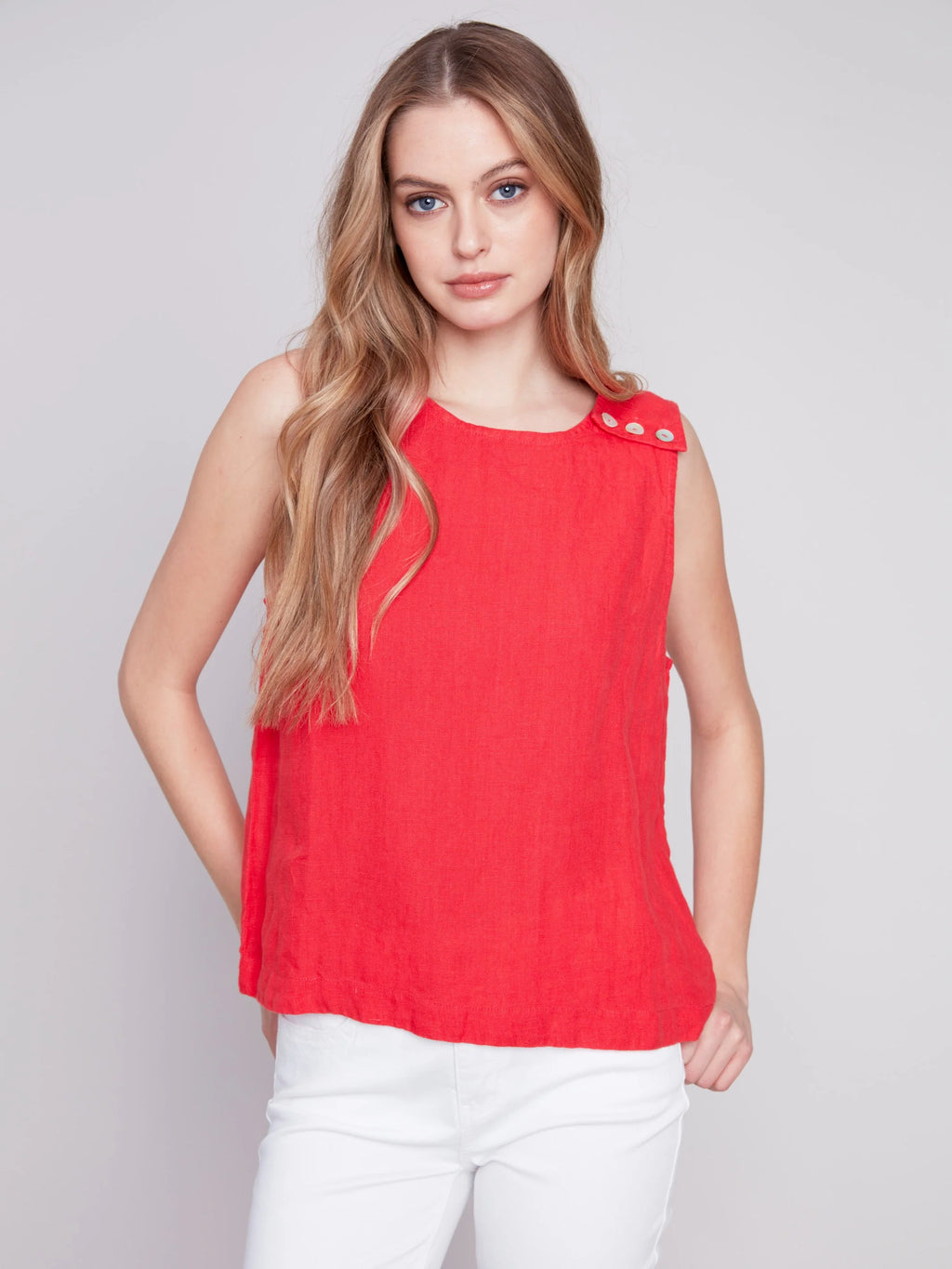 Charlie B Sleeveless Linen Top with Button Detail