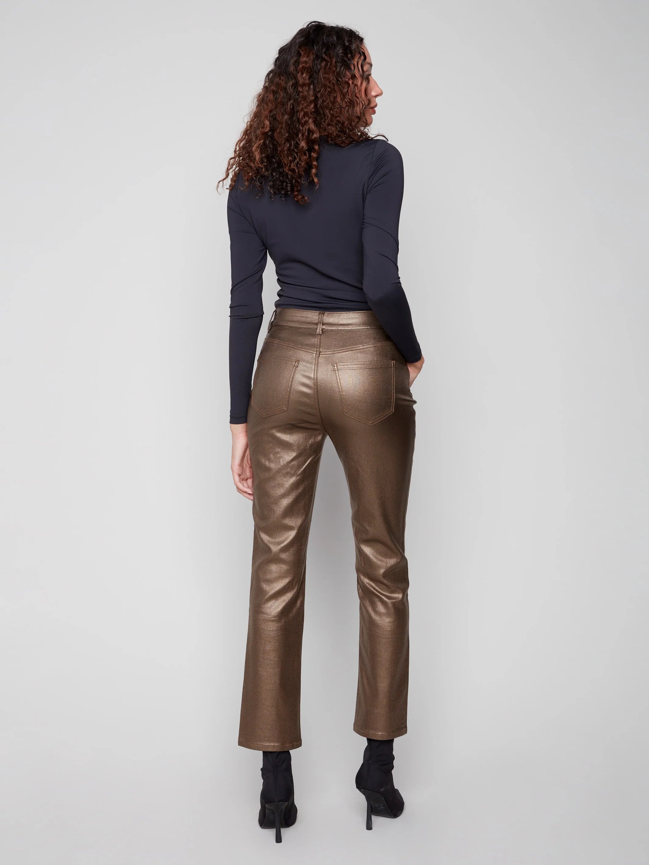 Charlie B Slim Leg Metallic Wax Twill Pants - Copper