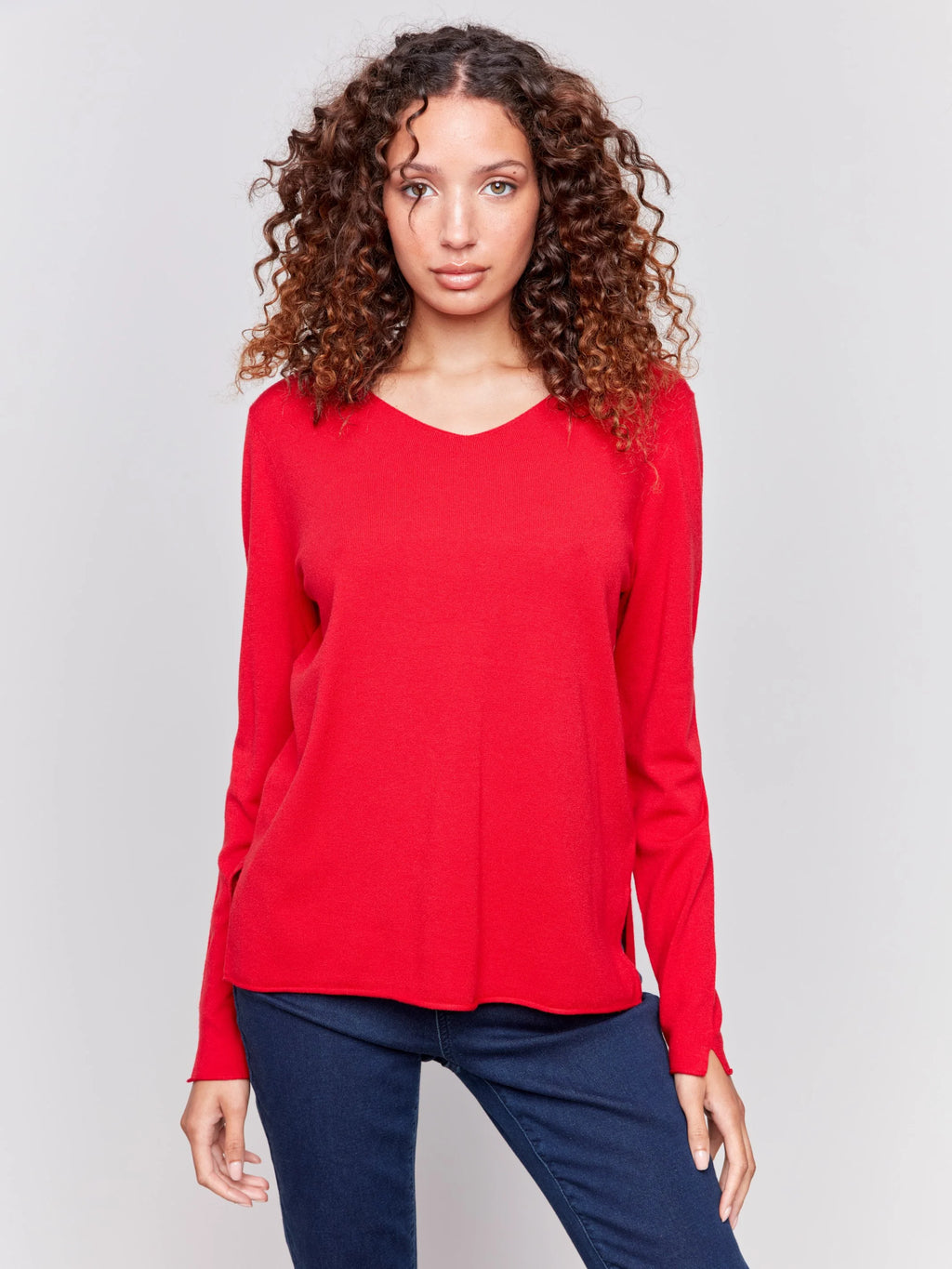 Charlie B Long Sleeve Basic V-Neck Sweater - Cranberry