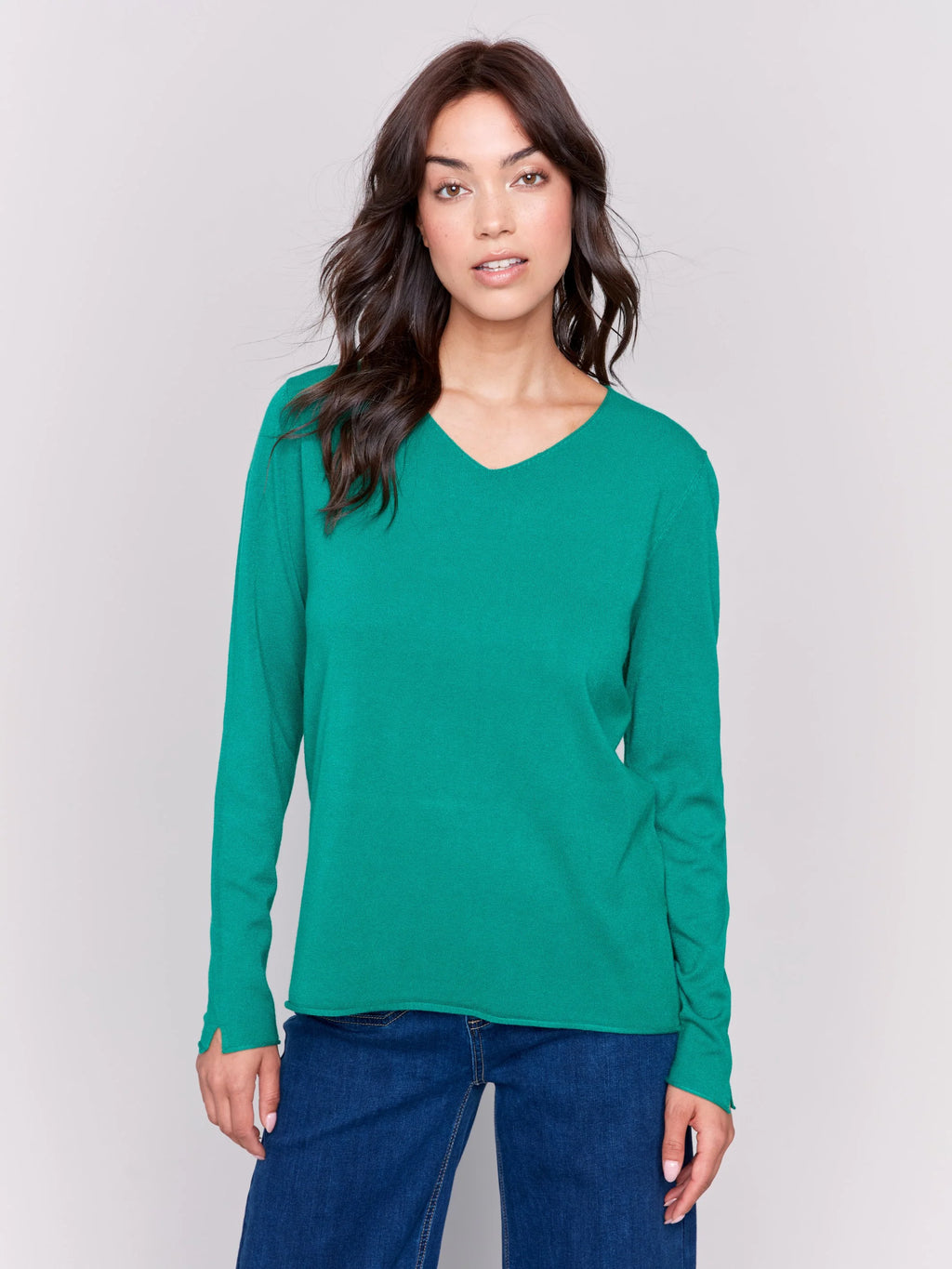 Charlie B Long Sleeve Basic V-Neck Sweater - Forest