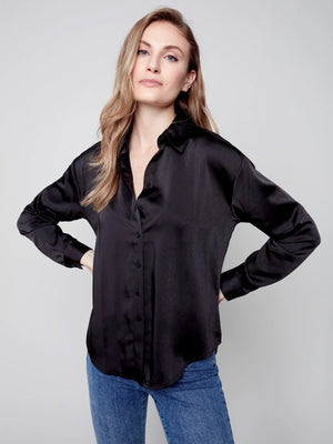 Charlie B Solid Button Down Gutsy Satin Shirt - Black