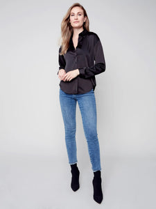 Charlie B Solid Button Down Gutsy Satin Shirt - Black