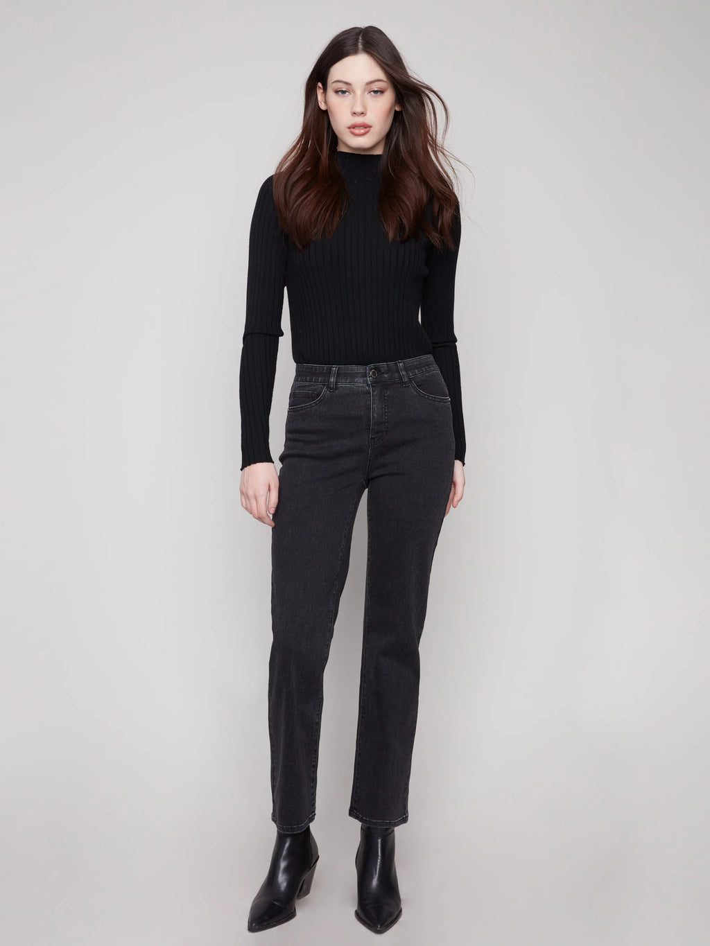 Charlie B Charlotte Straight Leg Pant with Inside Elastic at Waistband - Charcoal