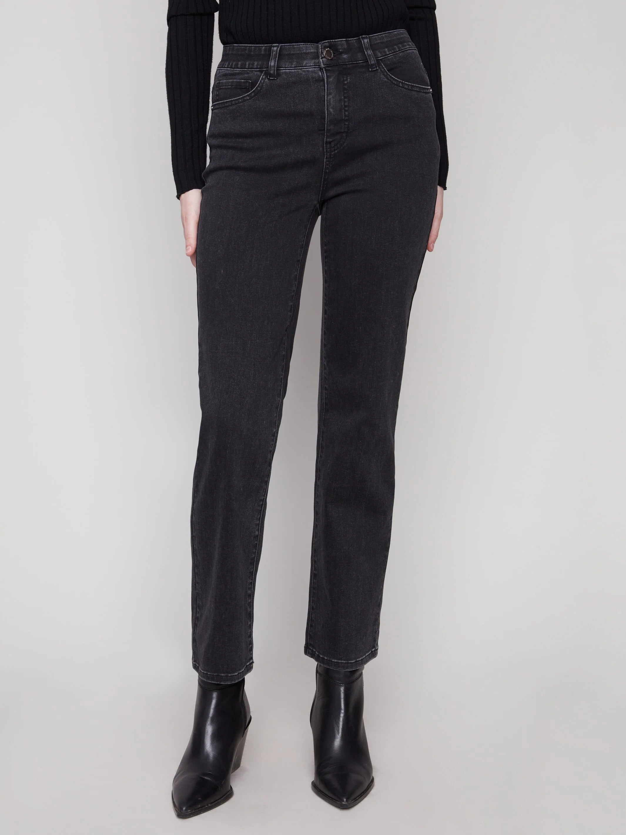 Charlie B Charlotte Straight Leg Pant with Inside Elastic at Waistband - Charcoal