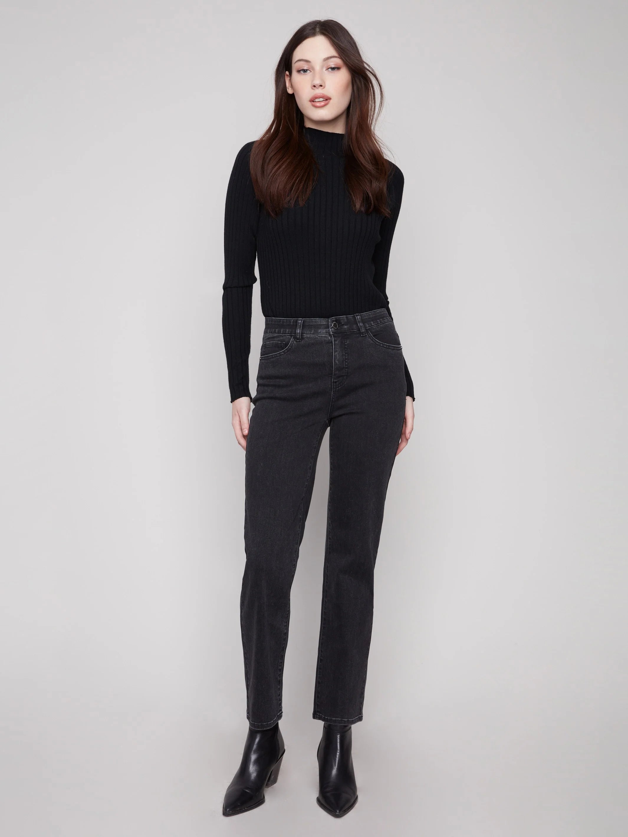 Charlie B Charlotte Straight Leg Pant with Inside Elastic at Waistband - Charcoal