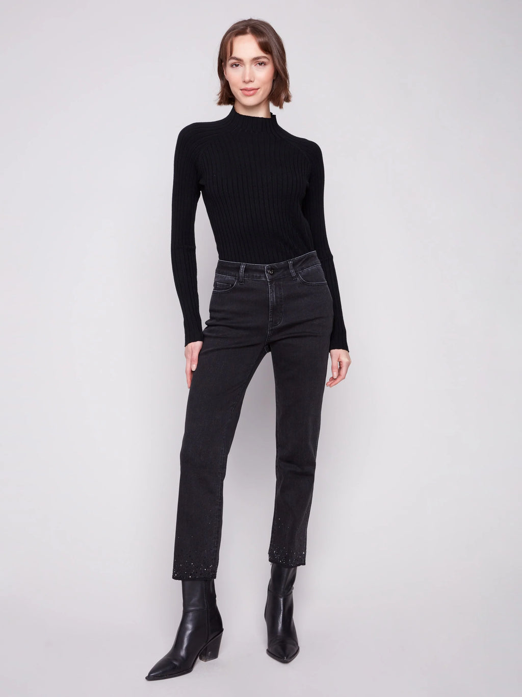 Charlie B Straight Leg Rhinestone Jeans - Charcoal
