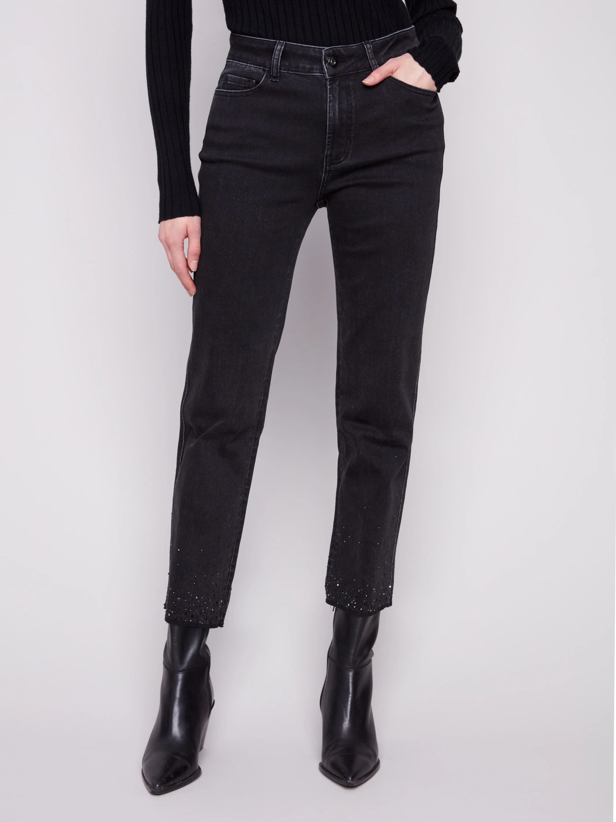Charlie B Straight Leg Rhinestone Jeans - Charcoal