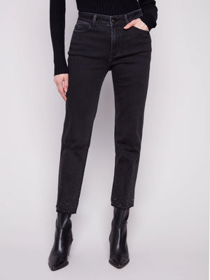 Charlie B Straight Leg Rhinestone Jeans - Charcoal