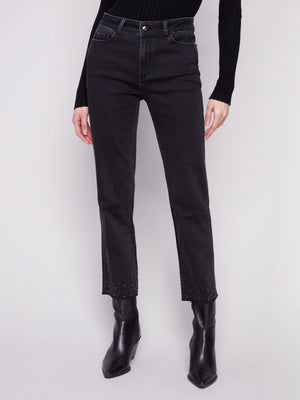 Charlie B Straight Leg Rhinestone Jeans - Charcoal