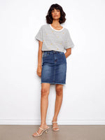 Charlie B Striped Crew Neck T-Shirt with Floral Embroidery - Navy