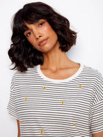 Charlie B Striped Crew Neck T-Shirt with Floral Embroidery - Navy