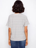 Charlie B Striped Crew Neck T-Shirt with Floral Embroidery - Navy