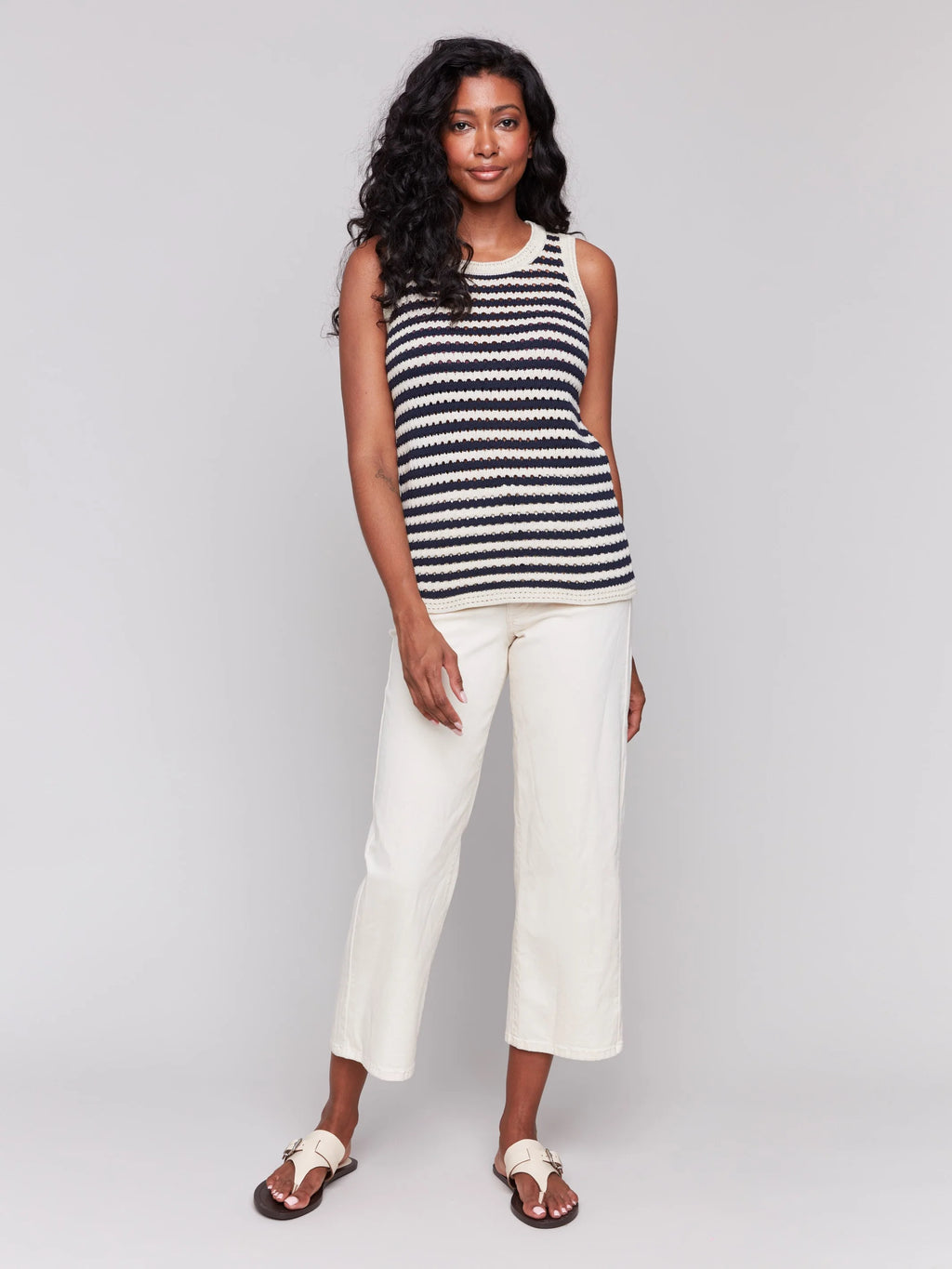 Charlie B Striped Novelty Stitch Sleeveless Sweater - Nautical