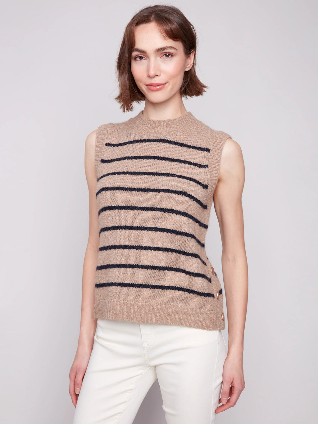 Charlie B Striped Sleeveless Sweater Vest - Heather Camel