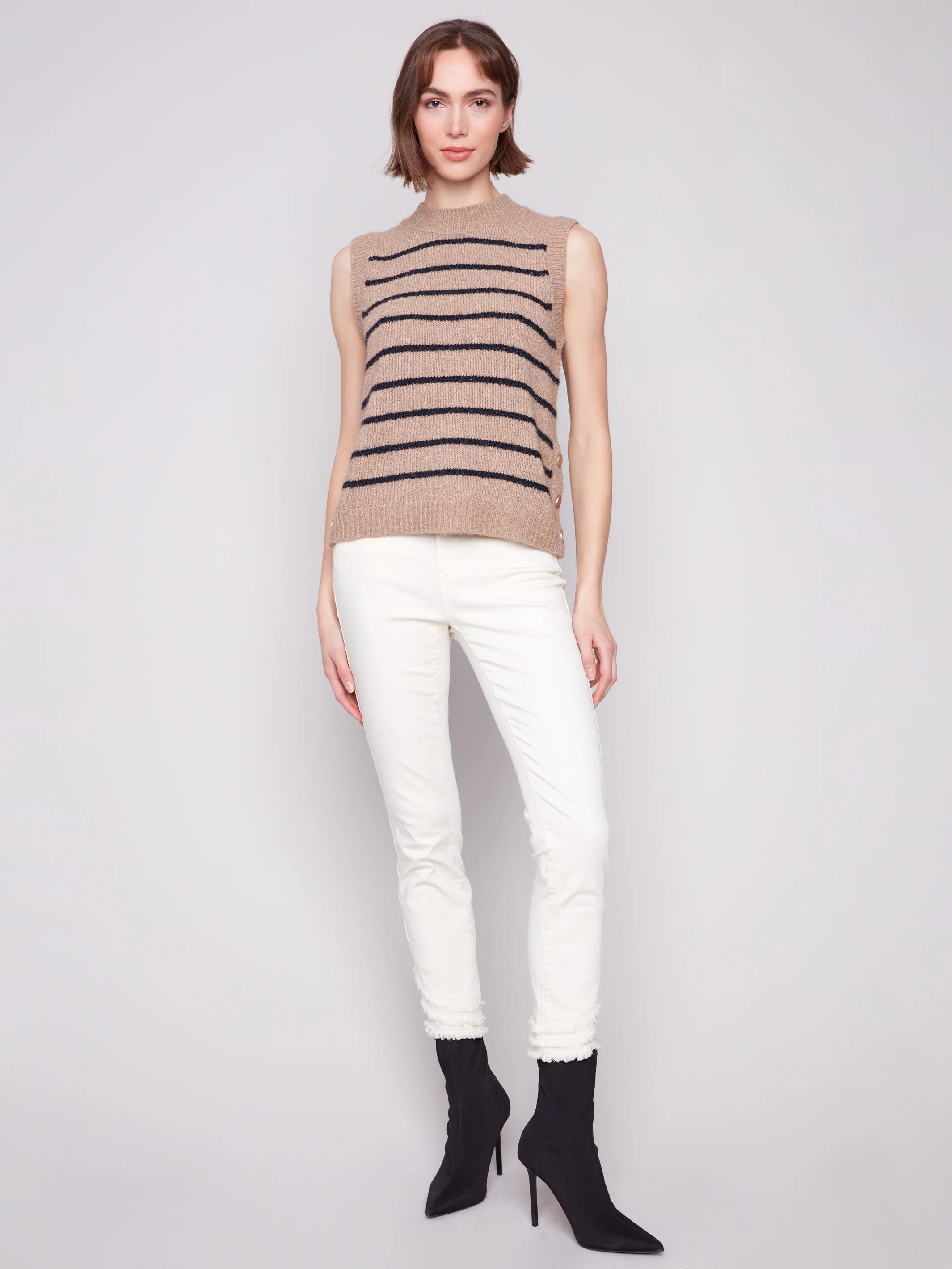 Charlie B Striped Sleeveless Sweater Vest - Heather Camel