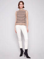 Charlie B Striped Sleeveless Sweater Vest - Heather Camel