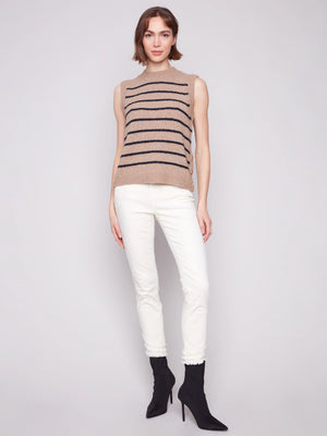 Charlie B Striped Sleeveless Sweater Vest - Heather Camel