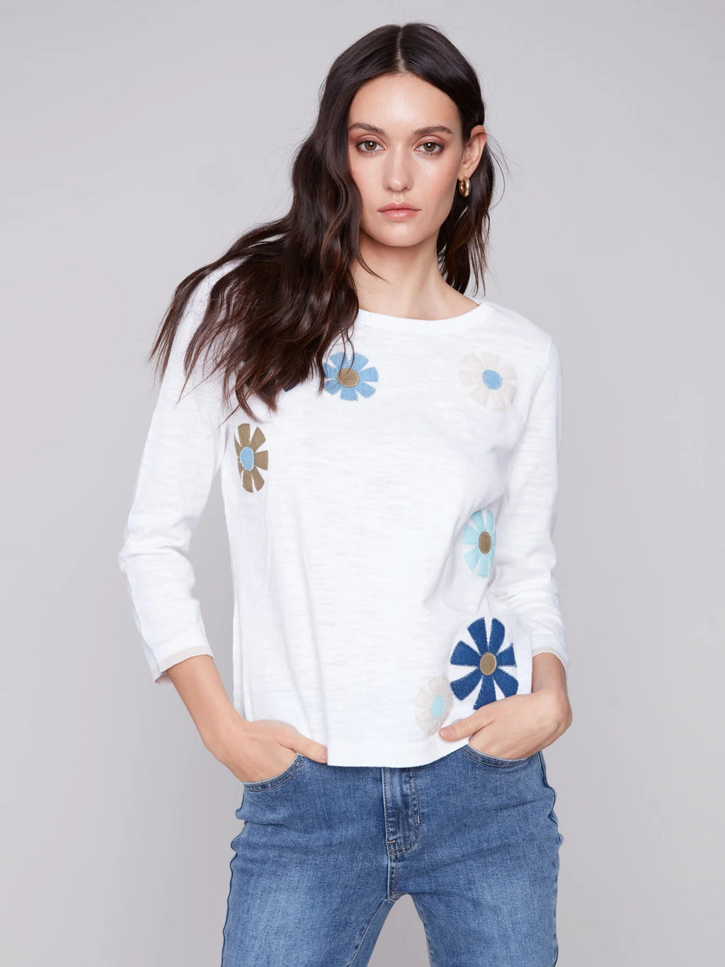 Charlie B Flower Patch 3/4 Sleeve Cotton Sweater