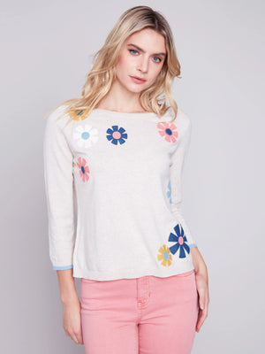 Charlie B Flower Patch 3/4 Sleeve Cotton Sweater