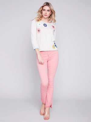 Charlie B Flower Patch 3/4 Sleeve Cotton Sweater