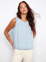 Charlie B Linen Blend Sleeveless Scalloped Tank - Light Blue