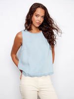 Charlie B Linen Blend Sleeveless Scalloped Tank - Light Blue