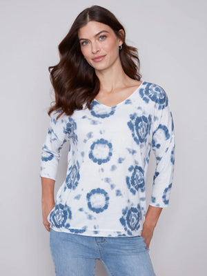 Charlie B Tie-Dye V-Neck Knit Top - Indigo