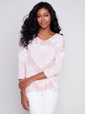 Charlie B Tie-Dye Heart V-Neck Knit Top - Dusty Rose