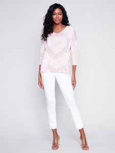 Charlie B Tie-Dye Heart V-Neck Knit Top - Dusty Rose