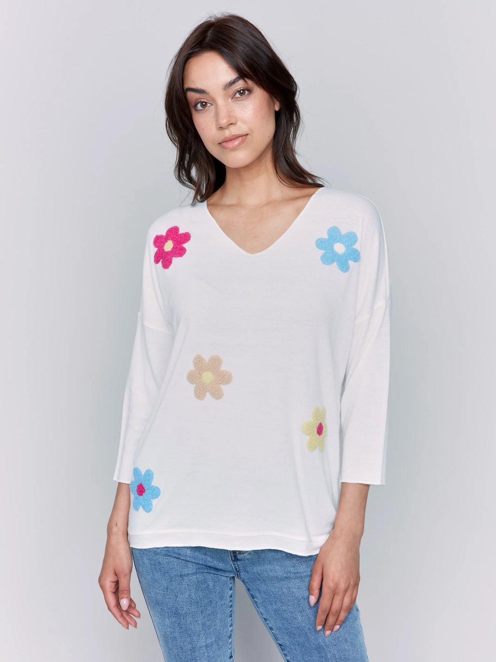 Charlie B V-Neck Knit Top - Flower