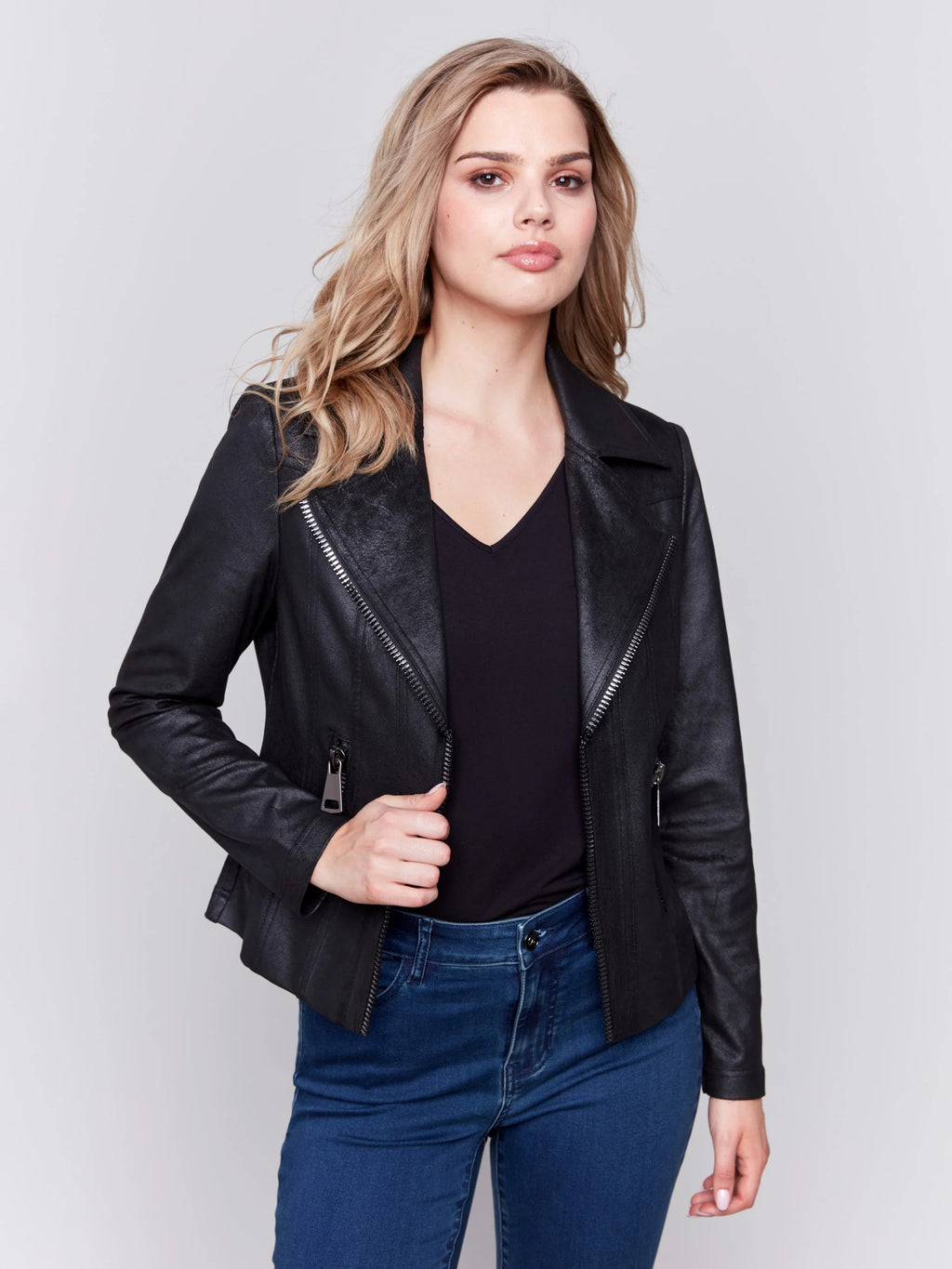 Vintage Faux Leather Perfecto Jacket with Zipper Detail - Black