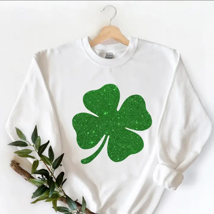 St. Patrick's Day Glitter Clover Crewneck Sweatshirt