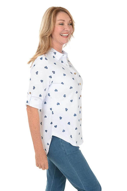 Wild Palms Cotton Button Down Top with Denim Hearts