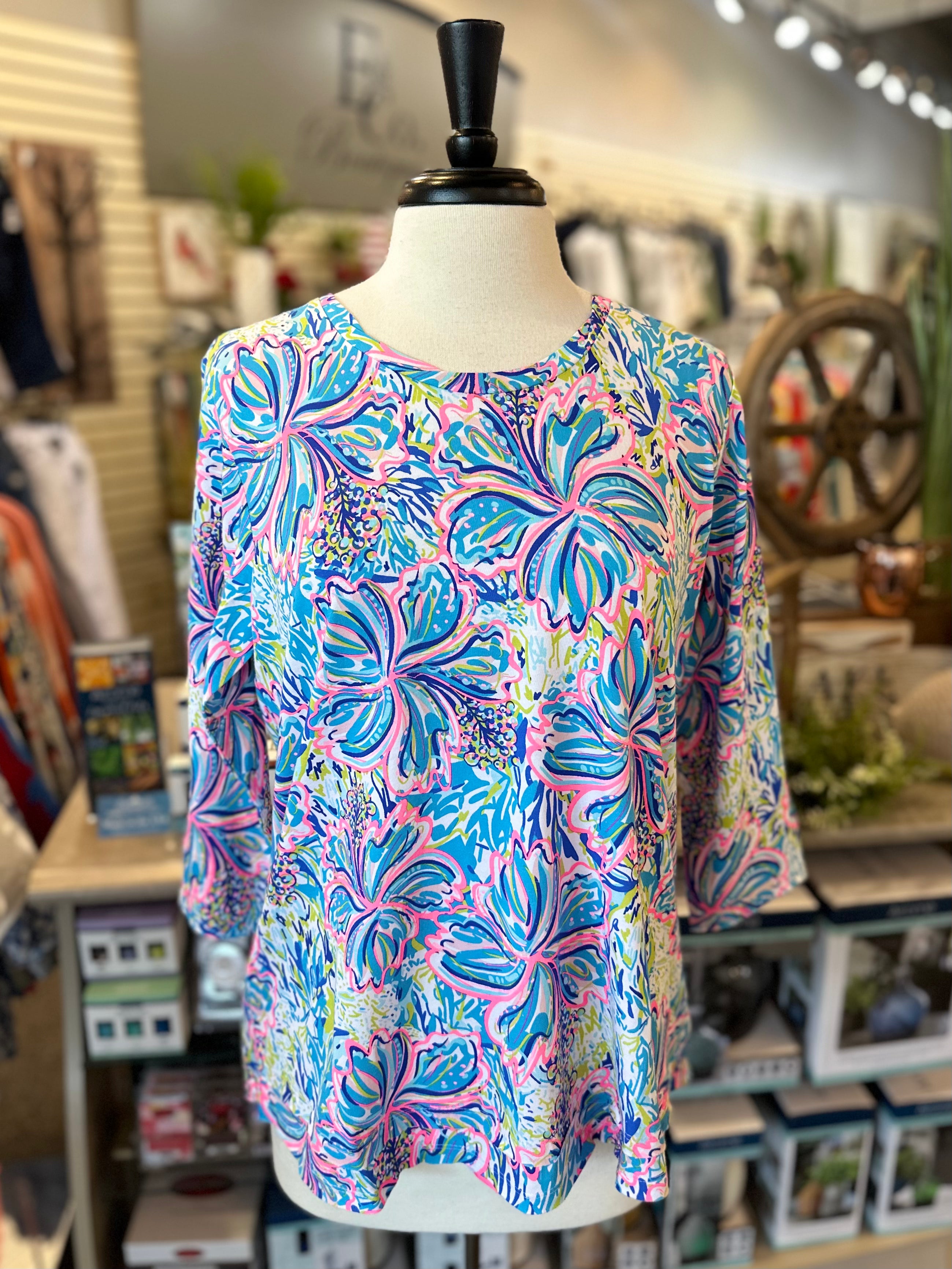 Beachtime by Lulu B Cotton Scoop Tunic Top - Neon Floral