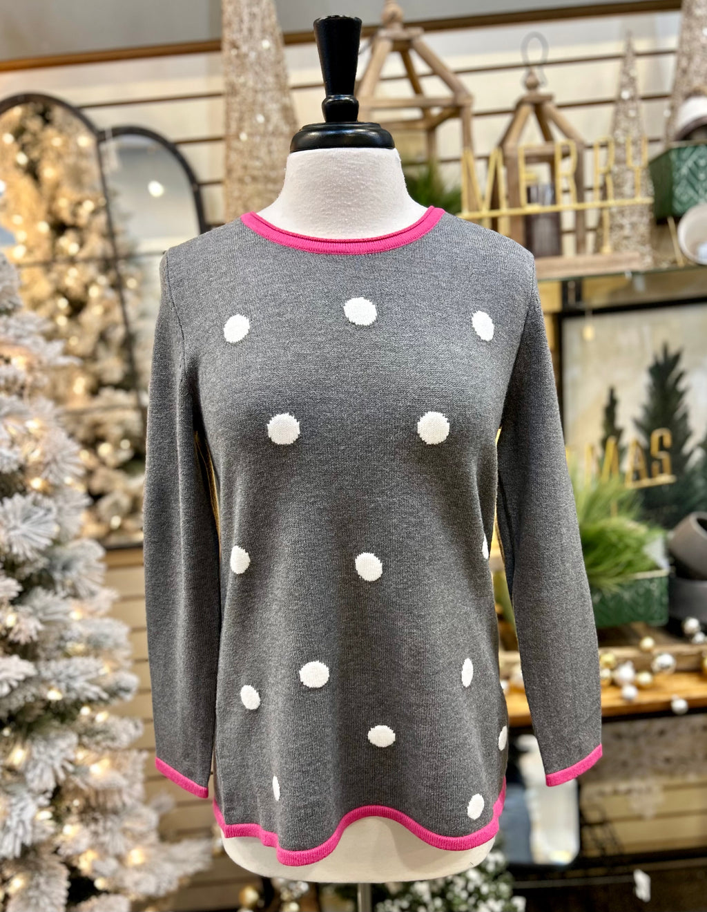 Grey Polka Dot Sweater with Hot Pink Boarder by Variations