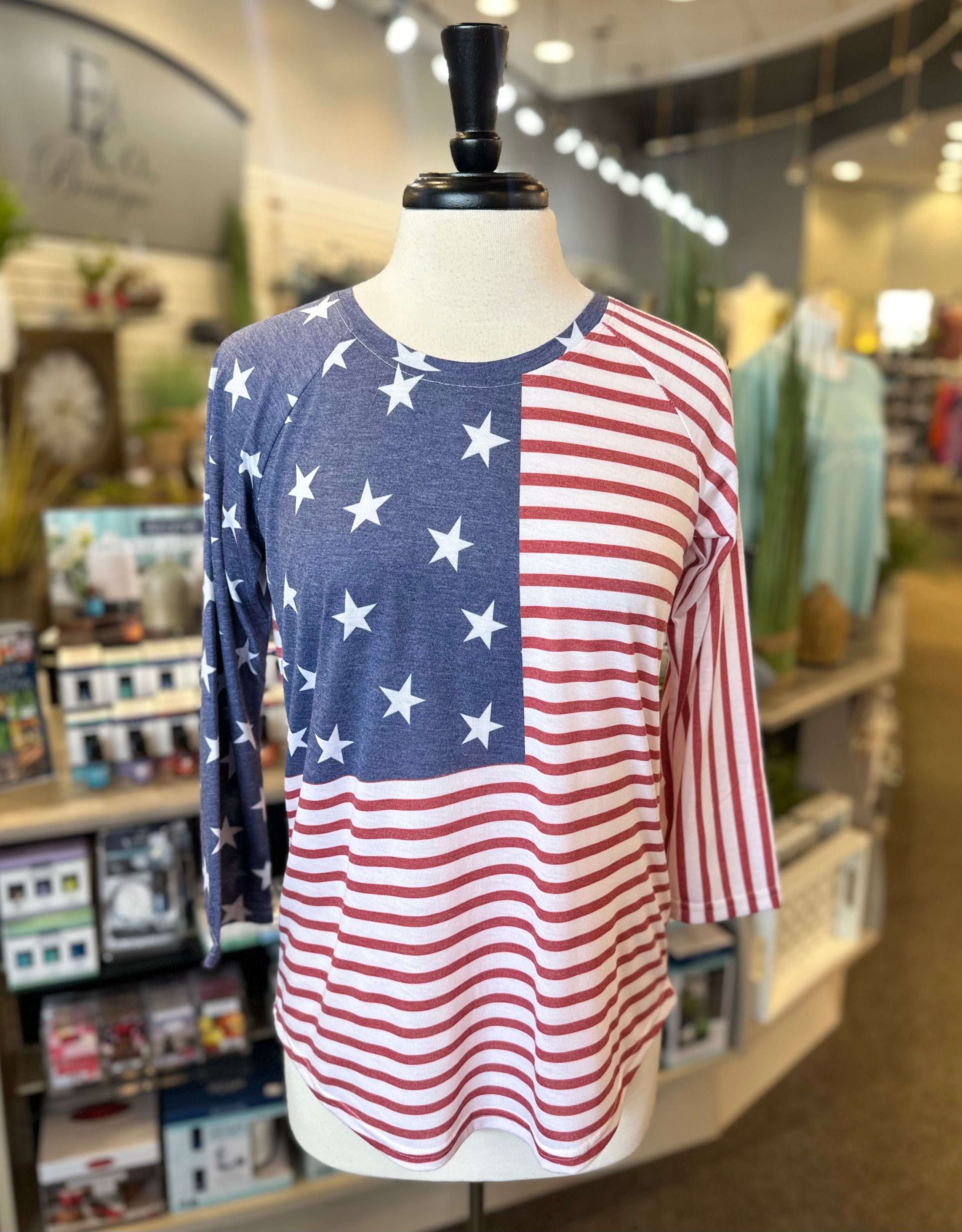 Keren Hart USA 3/4 Sleeve Red, Blue, and White Stars and Stripes Top