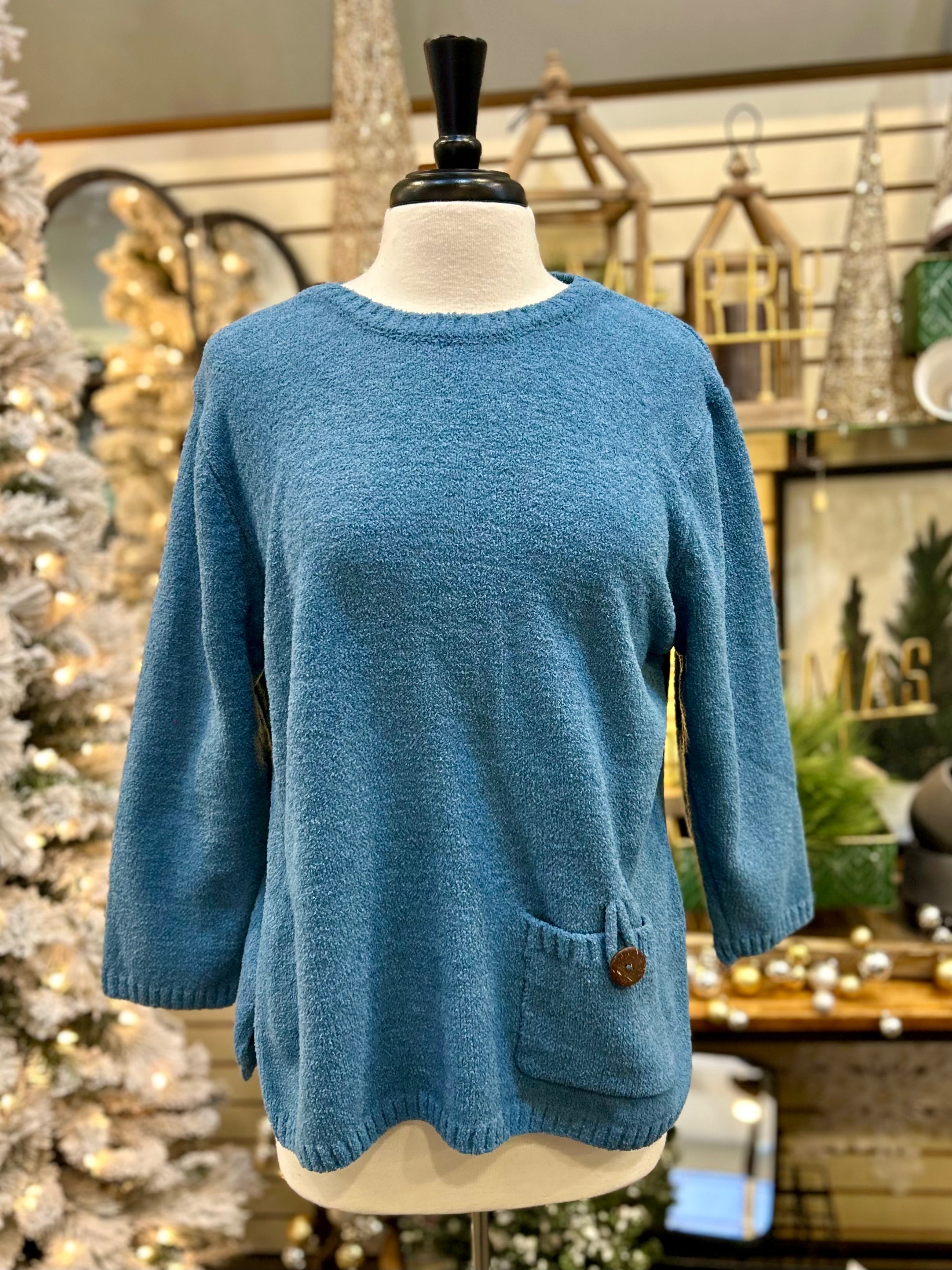 Lulu B Slate Blue Chenille Pullover Sweater with Wood Button Pocket