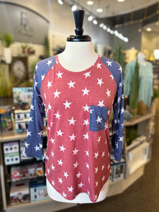 Keren Hart USA 3/4 Sleeve Red, Blue, and White Star Top