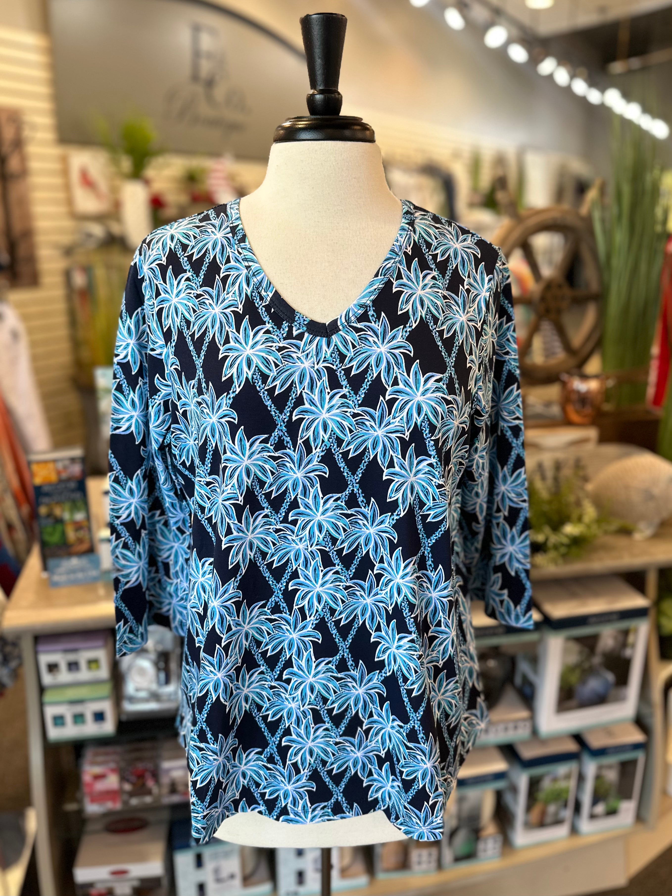 Beachtime by Lulu B Cotton V-Neck Tunic Top - Palm Print