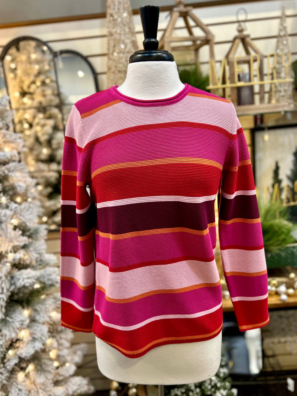 Hot Pink Pearl Knit Striped Sweater by SUNDAY