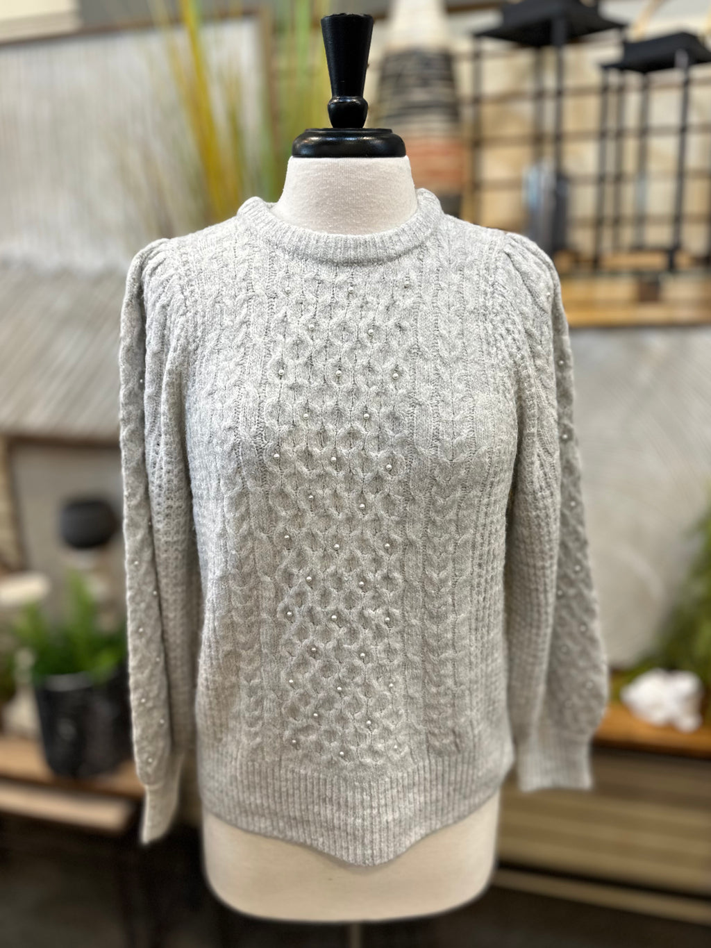 Keren Hart Cable Knit Sweater with Pearl Accents