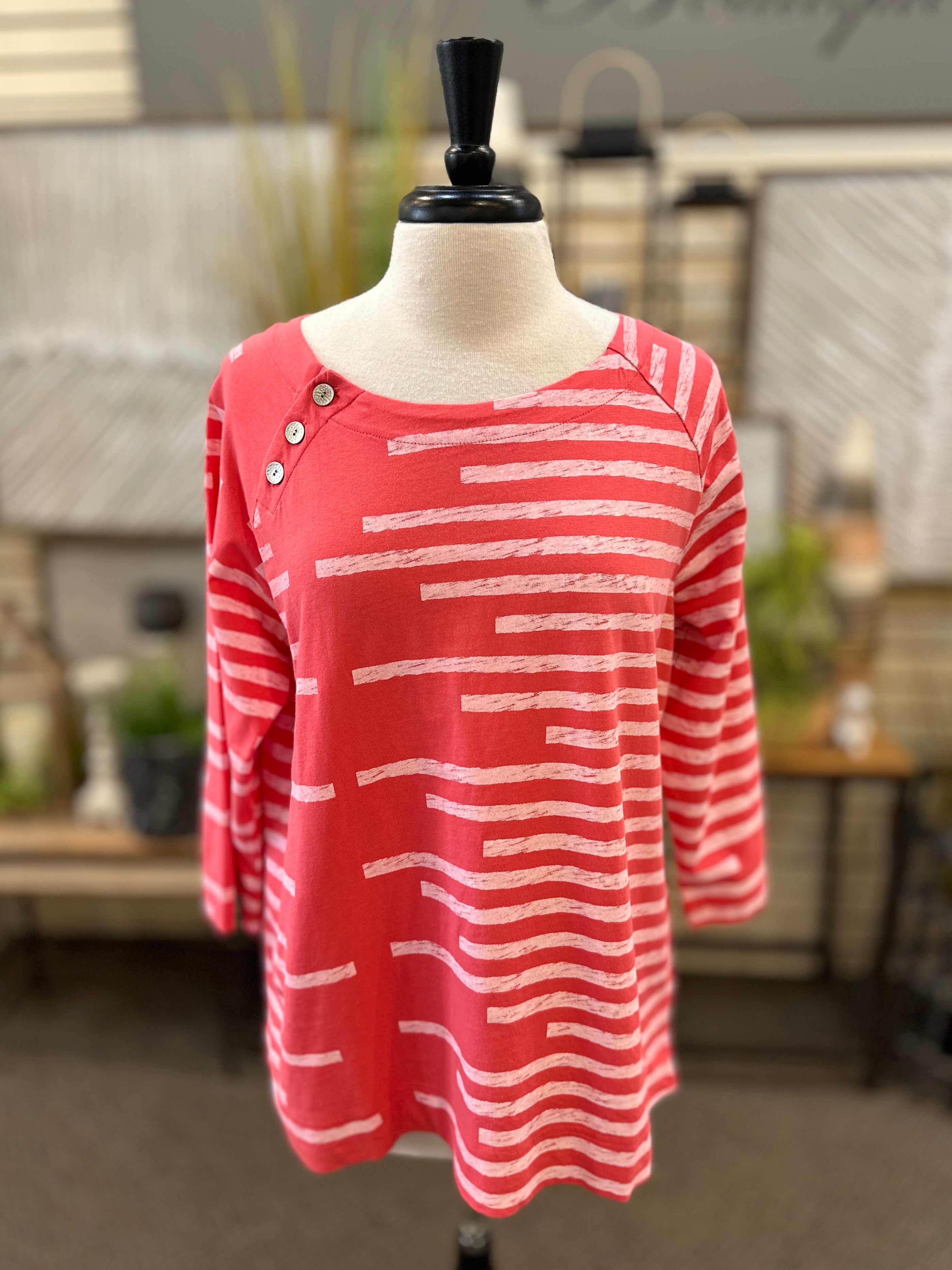 Inspired by Wild Palms Cotton Stripe 3/4 Sleeve with Button Neck Accent