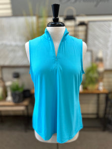 Beachtime by Lulu B UPF 50+ Cooling Sleeveless Zip Up Tank - Clear Turquoise