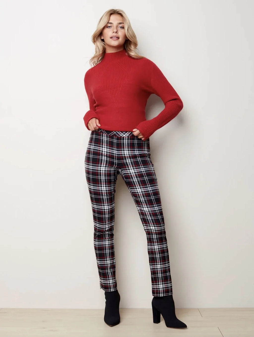 Charlie B Pull-on Plaid Ankle Pant - Scarlet