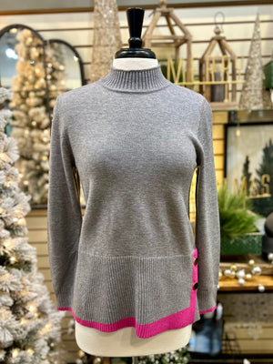 Grey Mock Neck Sweater with Hot Pink Edge by Variations